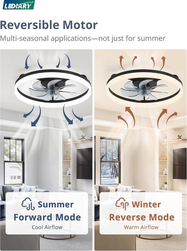 windphoto 20" Low Profile Ceiling Fans with Lights, APP & Remote, Black | Flush Mount, Dimmable LED, Quiet DC Motor, Reversible, 6 Speeds, Fandelier, for Bedroom
