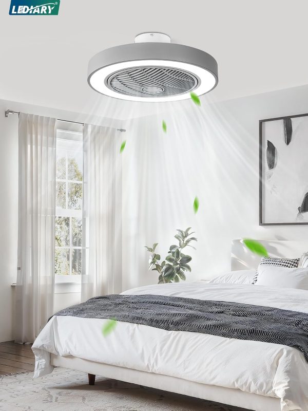 windphoto 22in Bladeless Enclosed LED Ceiling Fan Light with Remote, Grey | Flush Mount, Modern, 6 Speed Adjustable, 3000-6000K Dimmable, 3000LM, Indoor Bedroom Living Room, Remote/APP Control