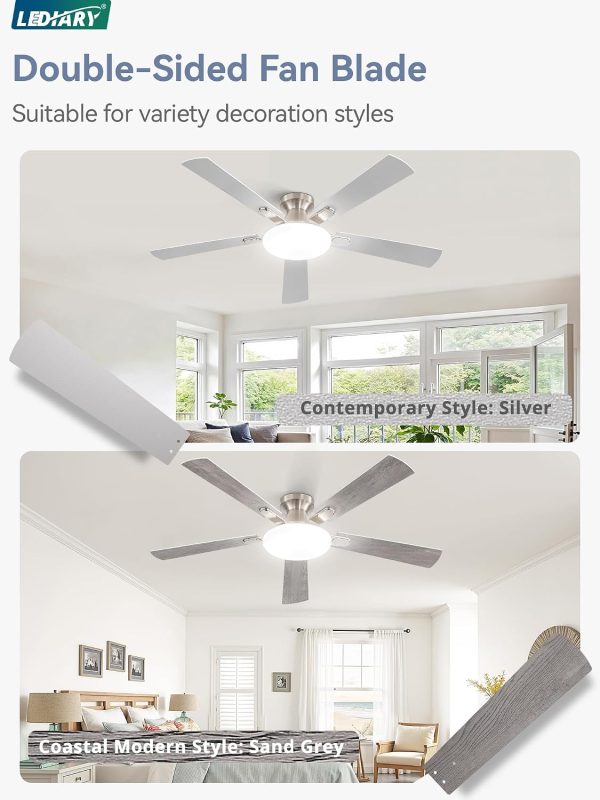 52 Inch Ceiling Fan with Lights and Remote, 30W 12" LED Panel Flush Mount Ceiling Fan, 6-Speed Quiet DC Motor Modern Low Profile Ceiling Fan with Reversible Blades for Bedroom, Living Room, Patio