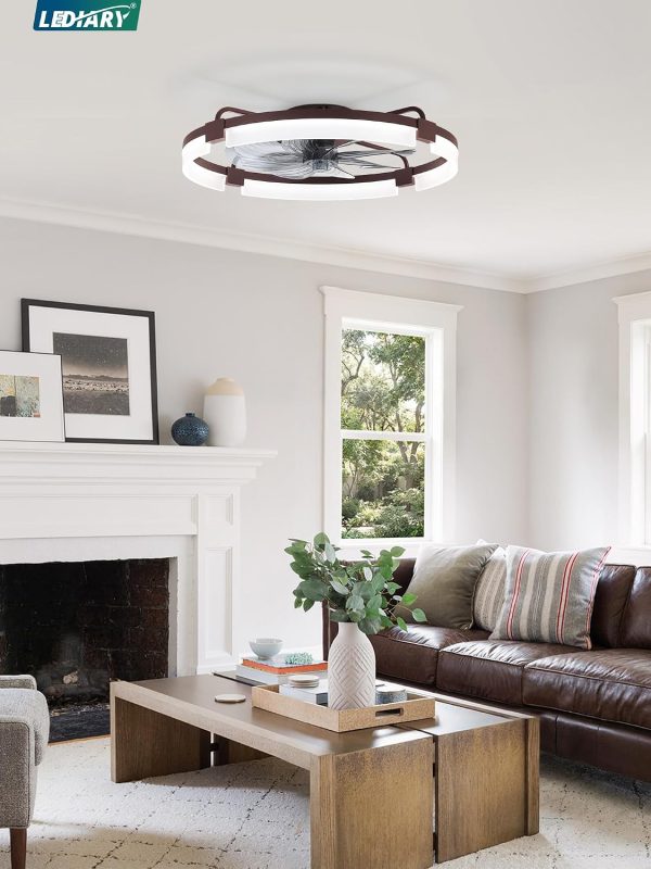 windphoto 24" Ceiling Fans with Lights, Low Profile Fandelier for Bedroom | Flush Mount Fan Light, Stepless Dimmable, App/Remote Control, 3 CCT Led, 6 Speeds, Quiet Reversible DC Motor, Brown