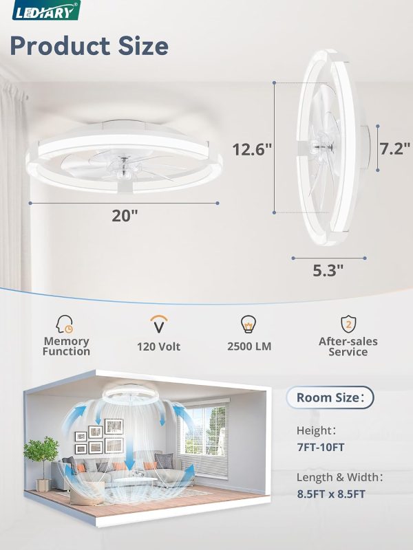 windphoto Ceiling Fans with Light 20 Inch Low Profile Ceiling Fan with Remote | White, 6 Speeds, Reversible, Dimmable Flush Mount Fan Light, Modern Fandelier Ceiling Fan with Lights for Bedroom