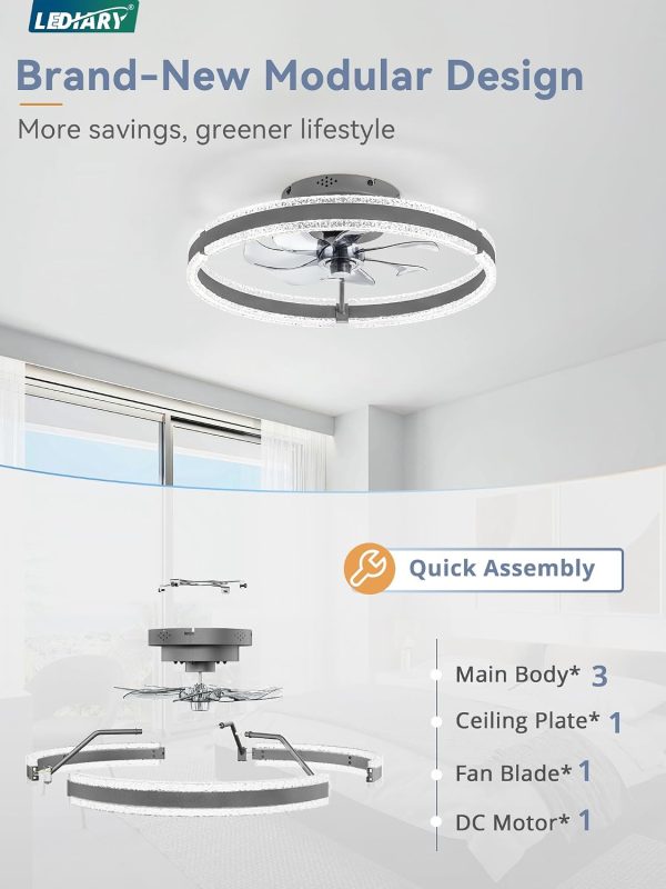 windphoto Ceiling Fans with Lights and Remote, 20'' Low Profile Ceiling Fan with Light, 3000-6000K Dimmable Fandelier Ceiling Fans, Modern Flush Mount Fan Light for Bedroom with 6 Wind Speeds-Sandy Gray | 3000-6000K Dimmable LED, 6 Wind Speeds, Quiet Reversible DC Motor, Small Flush Mount Fandelier for Bedroom, Living Room