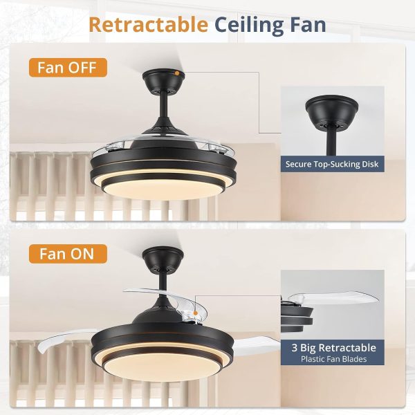 71VjyXlXg1L._AC_SL1500_.jpg windphoto 42 Inch Retractable Ceiling Fans with Lights and Remote | Fandelier Ceiling Fans with LED Light, Modern Ceiling Fan, Stepless Color Changeable, Dimmable, Timer Setting, Black