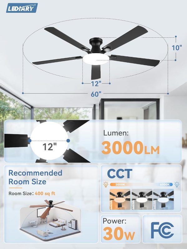 71WBhE8y9ML._AC_SL1500_.jpg windphoto 60 Inch Flush Mount Ceiling Fans with Lights, Remote & APP Control | 3CCT,Stepless Dimmable,Memory Function,Timer,6-speed,Reversible Blade, Quiet DC Motor, Damp-Rated, Living Room, Covered Patio