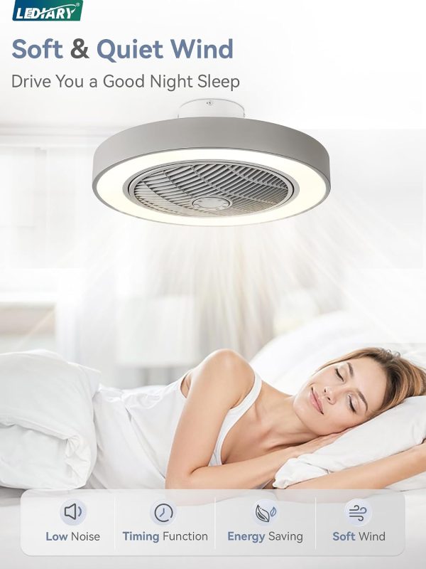 windphoto 22in Bladeless Enclosed LED Ceiling Fan Light with Remote, Grey | Flush Mount, Modern, 6 Speed Adjustable, 3000-6000K Dimmable, 3000LM, Indoor Bedroom Living Room, Remote/APP Control