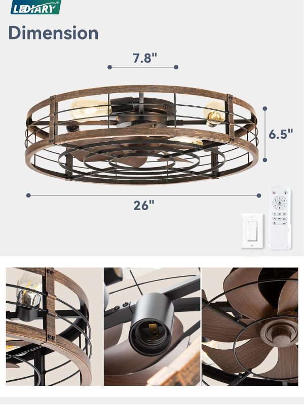 windphoto 26" Black Gold Caged Low Profile Ceiling Fan with Light and Remote | Flush Mount, Bladeless Enclosed Fandelier, 6 Speed, Quiet Powerful DC, Rustic,Farmhouse, Large, Bedroom, Kitchen, Indoor