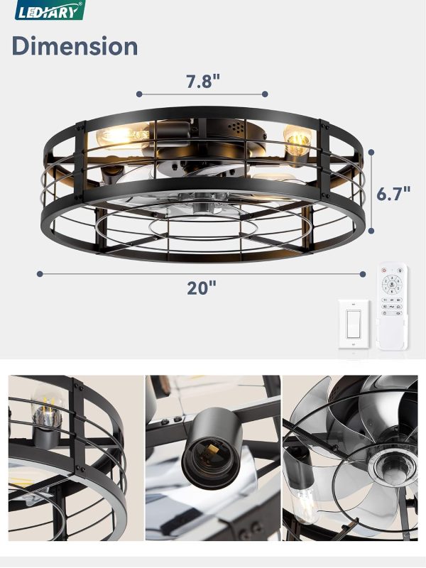 71WP8FeqQ-L._AC_SL1500_.jpg windphoto 20" Black Caged Low Profile Ceiling Fan with Light and Remote | Flush Mount, Bladeless Enclosed Fandelier, 6 Speed, Quiet Powerful DC, Rustic,Farmhouse, Small, Bedroom, Kitchen, Indoor