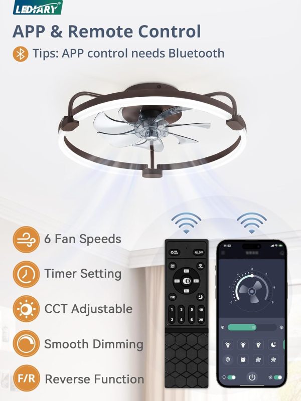 71WULFcxgiL._AC_SL1500_.jpg windphoto 20" Ceiling Fans with Lights and Remote, Low Profile Led Fan Light | Flush Mount, Stepless Dimmable Fandelier, 6 Speeds, 3 CCT, Quiet Reversible DC Motor, 2H Timer, Bedroom, Living Room, Brown