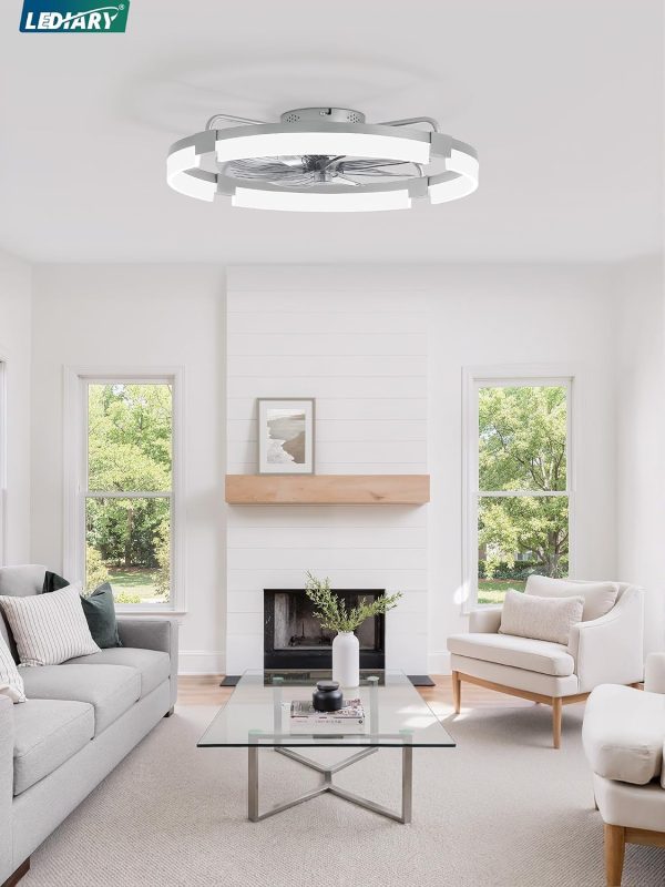 windphoto 24" Ceiling Fans with Lights, Low Profile Fandelier for Bedroom | Flush Mount Fan Light, Stepless Dimmable, App/Remote Control, 3 CCT Led, 6 Speeds, Quiet Reversible DC Motor, Grey