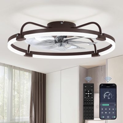 windphoto 24" Ceiling Fans with Lights and Remote, Low Profile Led Fan Light | Flush Mount, Stepless Dimmable Fandelier, 6 Speeds, 3 CCT, Quiet Reversible DC Motor, 2H Timer, Bedroom, Living Room, Brown