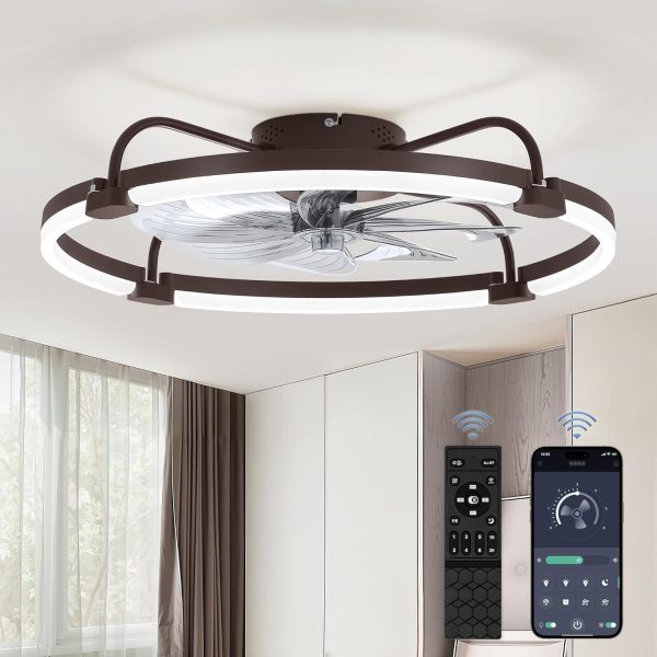 windphoto 24" Ceiling Fans with Lights and Remote, Low Profile Led Fan Light | Flush Mount, Stepless Dimmable Fandelier, 6 Speeds, 3 CCT, Quiet Reversible DC Motor, 2H Timer, Bedroom, Living Room, Brown