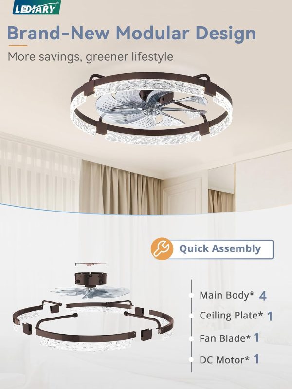 windphoto 24" Low Profile Ceiling Fans with Lights, APP & Remote, Brown | Flush Mount, Fandelier, 3000K-6000K, Dimmable LED, for Bedroom