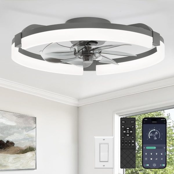 windphoto 20" Ceiling Fans with Lights, Low Profile Fandelier for Bedroom | Flush Mount Fan Light, Stepless Dimmable, App/Remote Control, 3 CCT Led, 6 Speeds, Quiet Reversible DC Motor, Grey