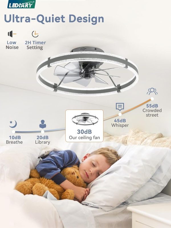 windphoto 24'' Modern Low Profile Ceiling Fans with Lights and Remote, Gray | 3000-6000K Dimmable LED, 6 Wind Speeds, Quiet Reversible DC Motor, Small Flush Mount Fandelier for Bedroom, Living Room