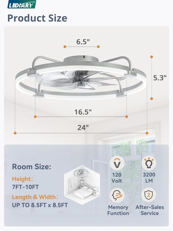 71XlduX6vL._AC_SL1500_.jpg windphoto 2 Pack 24" Ceiling Fans with Lights and Remote, Low Profile | Flush Mount, Stepless Dimmable Fandelier, 6 Speeds, 3 CCT, Quiet Reversible DC Motor, 2H Timer, Bedroom, Living Room, Grey