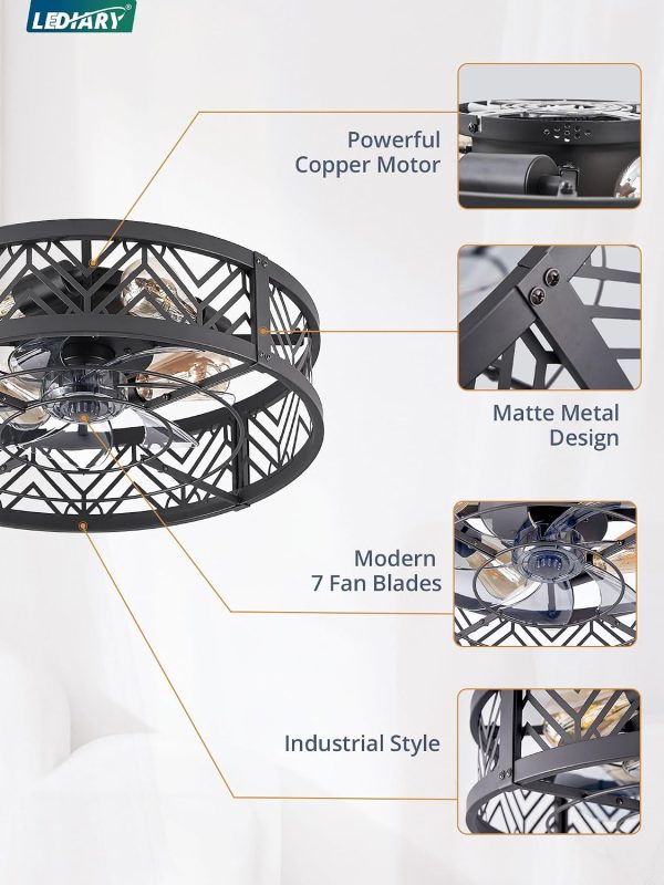 71XuZm1quLL._AC_SL1500_.jpg windphoto 20" Caged Ceiling Fan with Light and Remote, Small Fandalier, Black | Flush Mount Low Profile, APP Control, Bladeless Industrial Enclosed, Quiet & Powerful for Bedroom, Kitchen, Dining Room