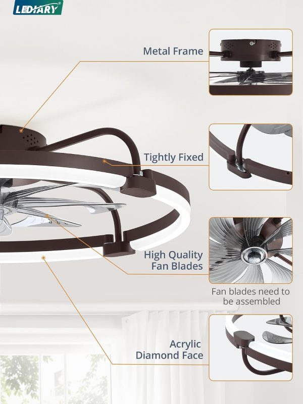windphoto 24" Ceiling Fans with Lights and Remote, Low Profile Led Fan Light | Flush Mount, Stepless Dimmable Fandelier, 6 Speeds, 3 CCT, Quiet Reversible DC Motor, 2H Timer, Bedroom, Living Room, Brown