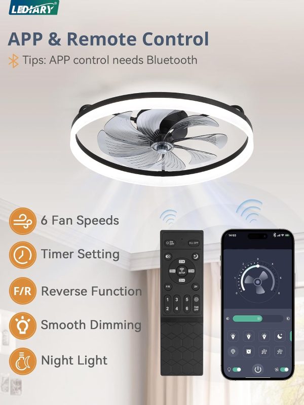 windphoto 23" Low Profile Ceiling Fans with Lights, APP & Remote, Black | Flush Mount, Dimmable LED, Quiet DC Motor, Reversible, 6 Speeds, Fandelier, for Bedroom