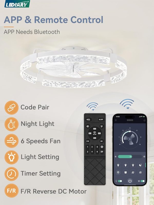 windphoto 2-Pack 24" Ceiling Fans with Lights, APP & Remote, White | Low Profile, Flush Mount, Fandelier, 3000K-6000K, Dimmable LED, for Bedroom