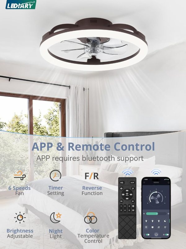 windphoto 20" Ceiling Fans with Lights and Remote for Bedroom, Brown | Low Profile Fan Light, 3000K-6000K Stepless Dimmable Fandelier, 6 Speed, Reversible DC Motor, APP & Remote Control, Low Noice