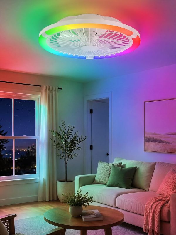 71YwDBY9tBL._AC_SL1500_.jpg windphoto 20" Low Profile Bladeless Ceiling Fan with RGB, Remote&APP, White | Flush Mount, 6 Speed Adjustable, 3000-6000K Dimmable LED, Modern Enclosed Fandelier with Timming, Bedroom, Kids Room