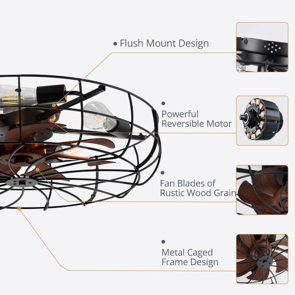 windphoto 26" Caged Farmhouse Ceiling Fans with Lights and Remote/App, Black | Flush Mount Bladeless Low Profile, Fandalier Large Rustic, Industrial Enclosed, Quiet & Powerful for Bedroom, Kitchen, Indoor