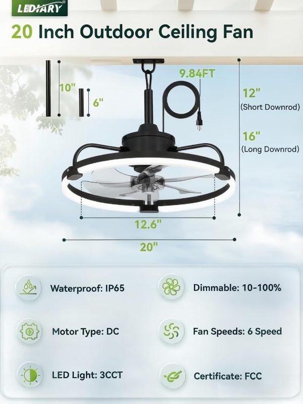 71ZB1yY20PL._AC_SL1500_.jpg windphoto 20" Waterproof Black Outdoor Ceiling Fan with Light for Gazebo | IP65 Wet Rated,APP Control,6-Speeds,3CCT Dimmable,Reverse DC Motor,Suitable for 10' x 12' Area,Plug In for Patio,Porch