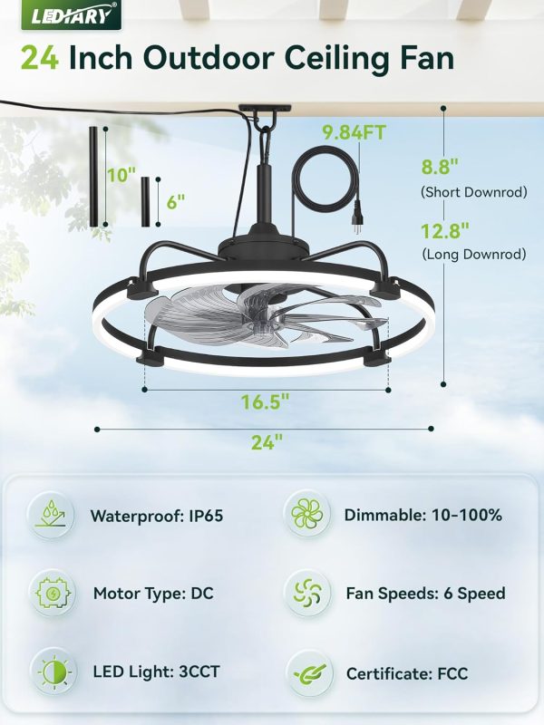 windphoto 24" Waterproof Black Outdoor Ceiling Fan with Light for Gazebo | IP65 Wet Rated,APP Control,6-Speeds,3CCT Dimmable,Reverse DC Motor,Suitable for 12' x 14' Area,Plug In for Patio,Porch