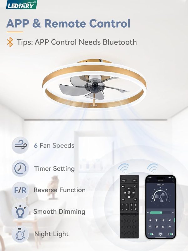 71Zcsgf6F3L._AC_SL1500_.jpg windphoto 19.7'' Modern Low Profile Ceiling Fans with Lights and Remote,Gold | 3000-6000K Dimmable LED, 6 Wind Speeds, Quiet Reversible DC Motor, Small Flush Mount Fandelier for Bedroom, Living Room