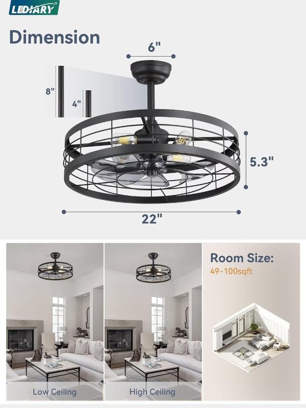 71Zd0x5b3AL._AC_SL1500_.jpg windphoto 22 inch Farmhouse Caged Ceiling Fan Light with Remote, Black | 6 Speed Adjustable,Timing, Quiet & Powerful DC, Large, Farmhouse, Industrial, Enclosed, Bladeless, Bedroom, Kitchen, Downrod