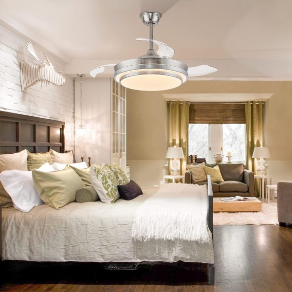 windphoto 42 Inch Retractable Ceiling Fans with Lights and Remote | Fandelier Ceiling Fans with LED Light, Modern Ceiling Fan, Stepless Color Changeable, Dimmable, Timer Setting, Brush Nickel