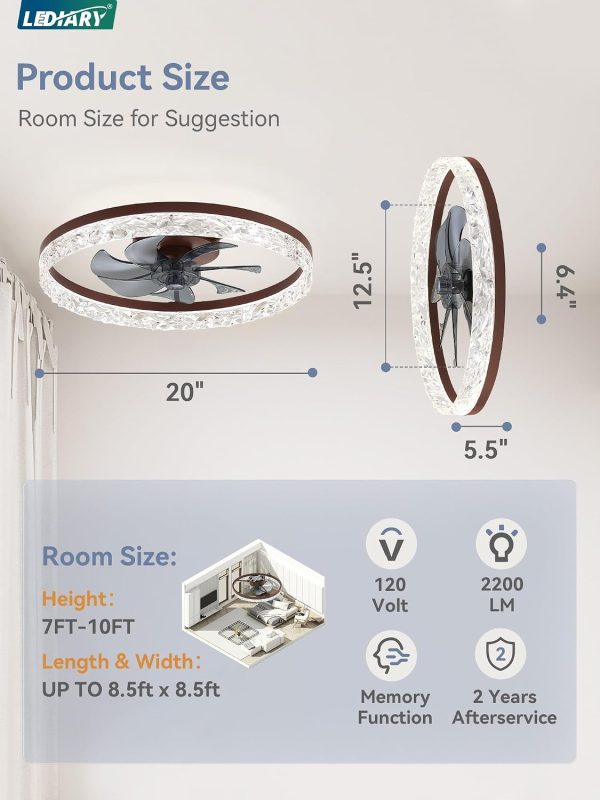windphoto 20" Modern Ceiling Fans with Lights and Remote, Dimmable Low Profile Ceiling Fan, Flush Mount Ceiling Fan, Stepless Color Temperature Change and 6 Speeds - Brown | Fandelier, Dimmable Low Profile, Flush Mount, Stepless Color Temperature Change, 6 Speeds, Bedroom, Living Room, Kitchen