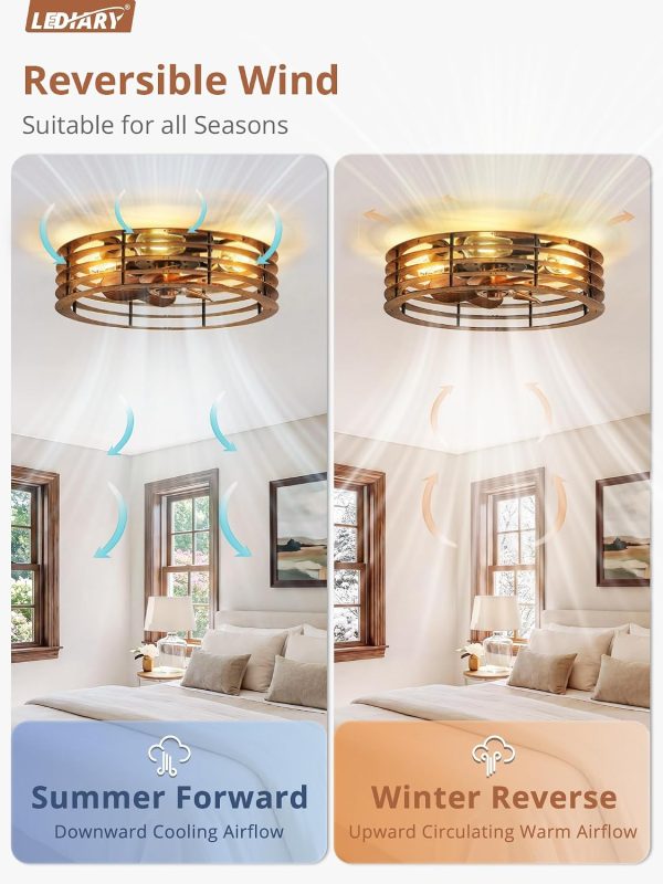 windphoto 20" Caged Low Profile Enclosed Ceiling Fan Light with Remote | Flush Mount, Bladeless Enclosed Fandelier, 6 Speed, Quiet Reversible DC, Rustic, Victorian, Rustic, Bedroom, Kitchen