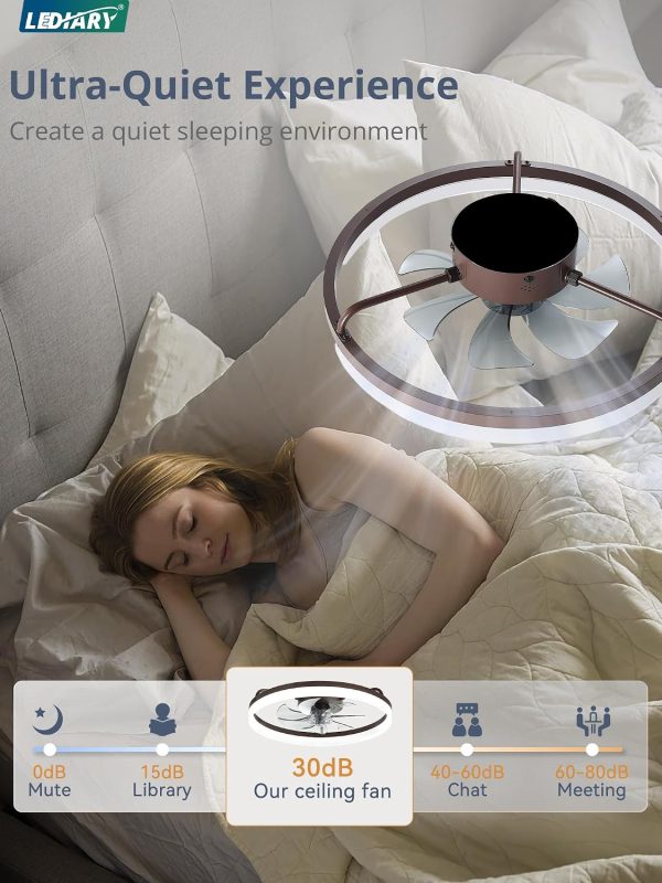windphoto 20" Low Profile Ceiling Fans with Lights, APP & Remote, Brown | Flush Mount, Dimmable LED, Quiet DC Motor, Reversible, 6 Speeds, Fandelier, for Bedroom
