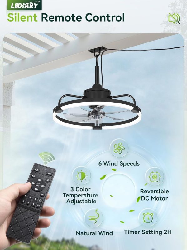 71a6b8pyHL._AC_SL1500_.jpg windphoto 20" Waterproof Black Outdoor Ceiling Fan with Light for Gazebo | IP65 Wet Rated,APP Control,6-Speeds,3CCT Dimmable,Reverse DC Motor,Suitable for 10' x 12' Area,Plug In for Patio,Porch