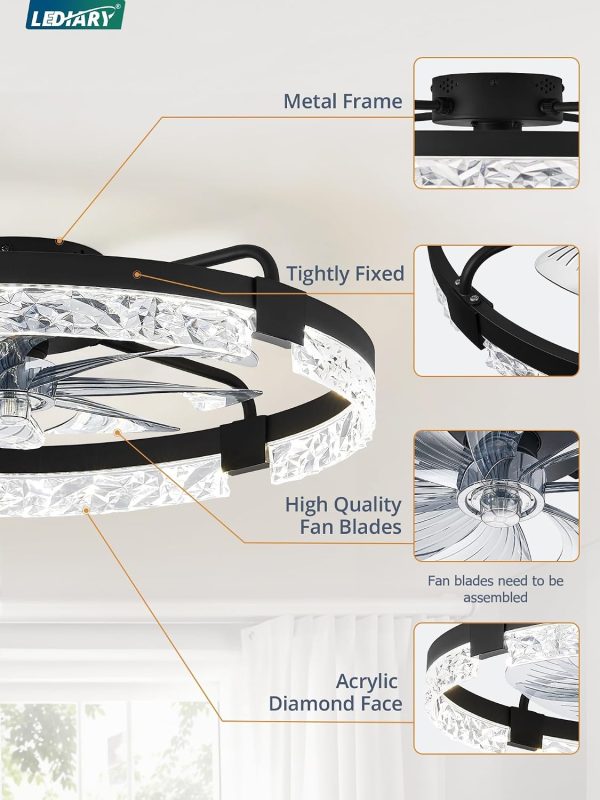 windphoto 24" Low Profile Ceiling Fans with Lights, APP & Remote, Black | Flush Mount, Fandelier, 3000K-6000K, Dimmable LED, for Bedroom