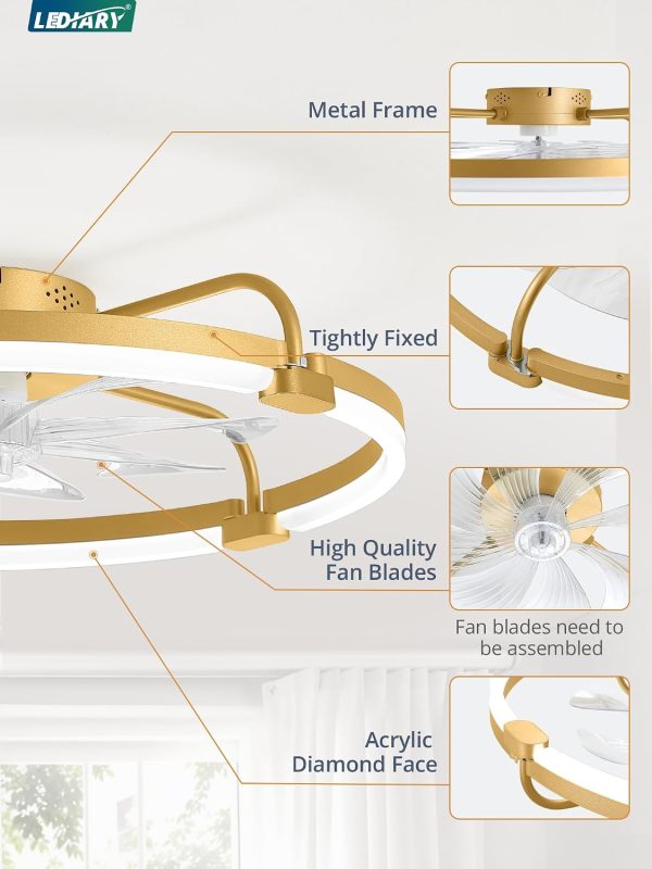 windphoto 24" Ceiling Fans with Lights and Remote, Low Profile Led Fan Light | Flush Mount, Stepless Dimmable Fandelier, 6 Speeds, 3 CCT, Quiet Reversible DC Motor, 2H Timer, Bedroom, Living Room, Gold