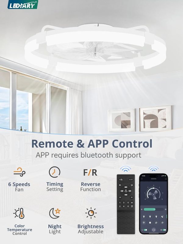 windphoto 24" Ceiling Fans with Lights, Low Profile Fandelier for Bedroom | Flush Mount Fan Light, Stepless Dimmable, App/Remote Control, 3 CCT Led, 6 Speeds, Quiet Reversible DC Motor, White