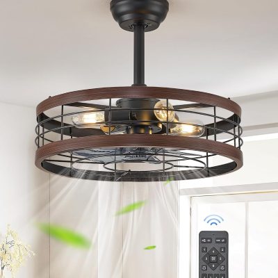windphoto 20 inch Fandelier Caged Ceiling Fan with Light and Remote, Walnut | 6 Speed Adjustable,Timing, Quiet & Powerful DC, Small, Farmhouse, Industrial, Enclosed, Bladeless, Bedroom, Kitchen, Downrod