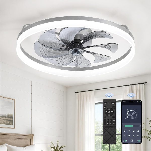 windphoto 23" Low Profile Ceiling Fans with Lights, APP & Remote, Grey | Flush Mount, Dimmable LED, Quiet DC Motor, Reversible, 6 Speeds, Fandelier, for Bedroom