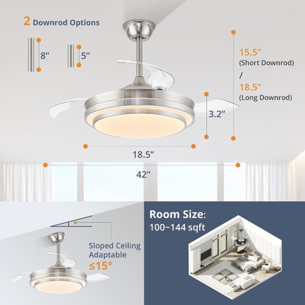 windphoto 42 Inch Retractable Ceiling Fans with Lights and Remote | Fandelier Ceiling Fans with LED Light, Modern Ceiling Fan, Stepless Color Changeable, Dimmable, Timer Setting, Brush Nickel