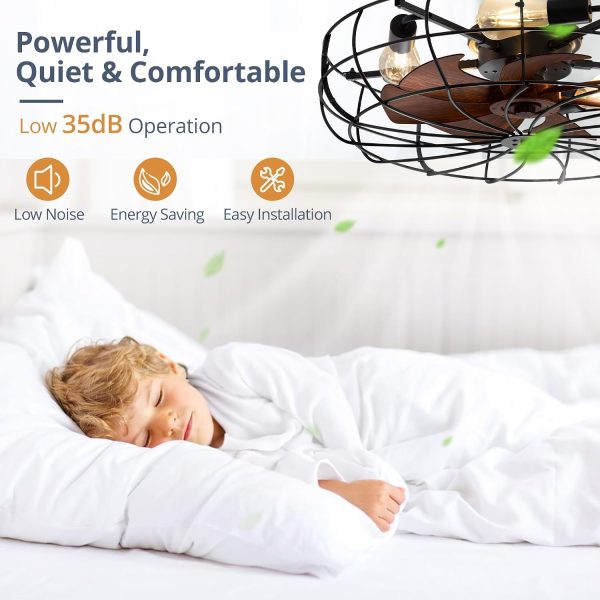 windphoto 26" Caged Farmhouse Ceiling Fans with Lights and Remote/App, Black | Flush Mount Bladeless Low Profile, Fandalier Large Rustic, Industrial Enclosed, Quiet & Powerful for Bedroom, Kitchen, Indoor