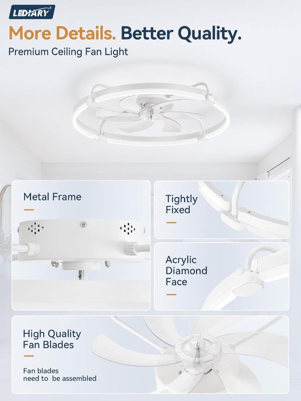 windphoto 26" Low Profile Ceiling Fans with Lights, Remote/APP Control, White | Wider Airflow, Stepless Dimmable LED, Quiet Reversible DC Motor, 6 Speeds, 3CCT, Timer, Bedroom, Living Room, Kitchen