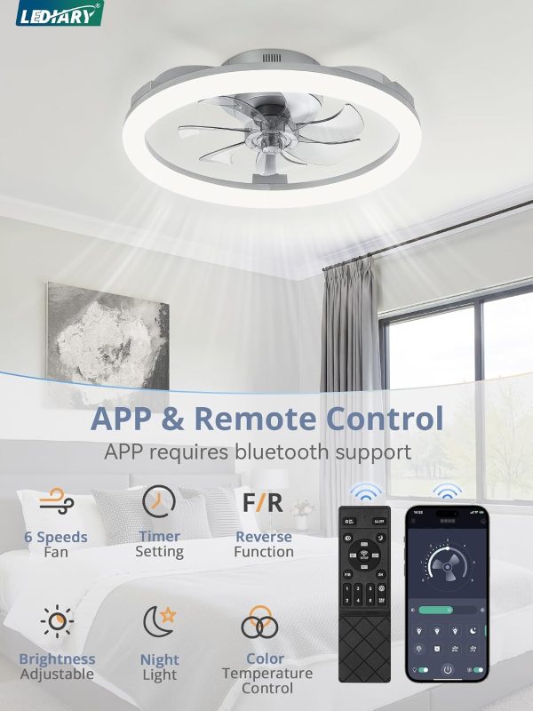 windphoto 20" Ceiling Fans with Lights and Remote for Bedroom, Grey | Low Profile Fan Light, 3000K-6000K Stepless Dimmable Fandelier, 6 Speed, Reversible DC Motor, APP & Remote Control, Low Noice