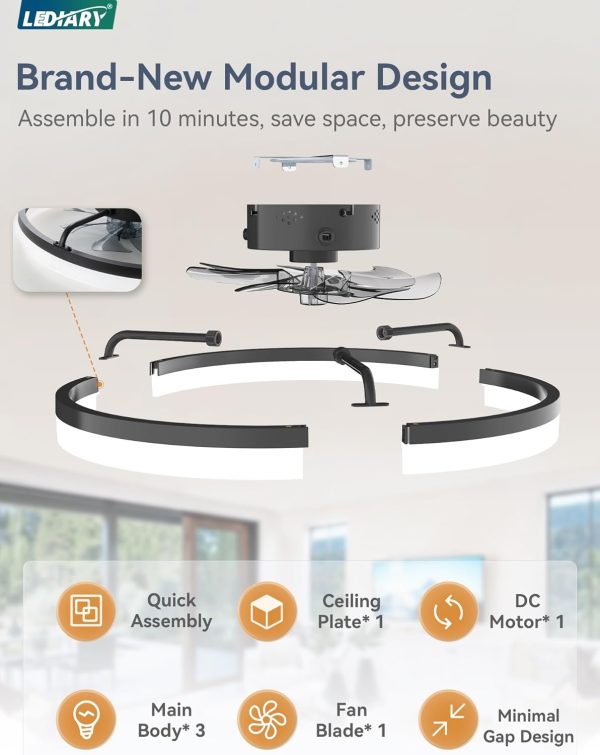 windphoto 20" Low Profile Ceiling Fans with Lights, APP & Remote, Black | Flush Mount, Dimmable LED, Quiet DC Motor, Reversible, 6 Speeds, Fandelier, for Bedroom