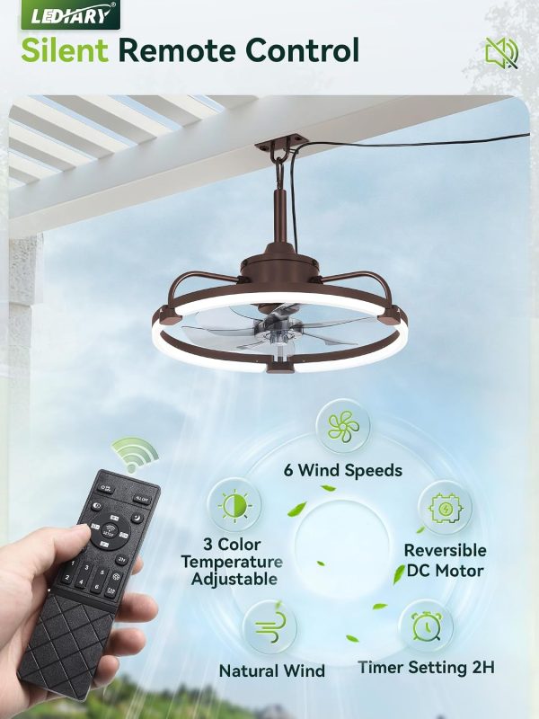 71blg-1VTNL._AC_SL1500_.jpg windphoto 20" Waterproof Brown Outdoor Ceiling Fan with Light for Gazebo | IP65 Wet Rated,APP Control,6-Speeds,3CCT Dimmable,Reverse DC Motor,Suitable for 10' x 12' Area,Plug In for Patio,Porch