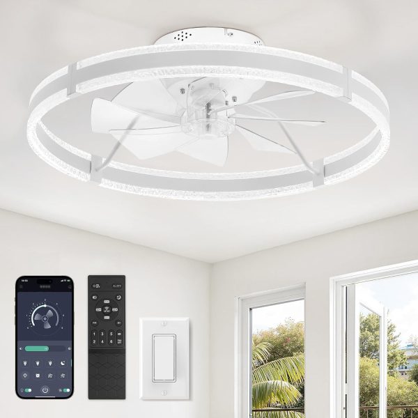 windphoto 24'' Modern Low Profile Ceiling Fans with Lights and Remote, White | 3000-6000K Dimmable LED, 6 Wind Speeds, Quiet Reversible DC Motor, Small Flush Mount Fandelier for Bedroom, Living Room