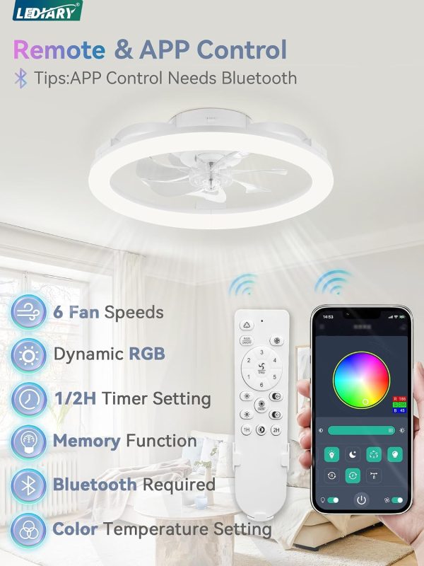 71c94RFBTOL._AC_SL1500_.jpg windphoto RGB Low Profile Ceiling Fans with Lights and Remote, 20 Inch Dimmable Modern Ceiling Fan(3000K-6000K), 6 Speed, Reversible, APP & Remote Control, Flush Mount Fan Light, White RGB Ceiling Fans