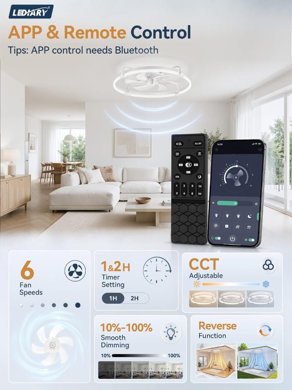 windphoto 26" Low Profile Ceiling Fans with Lights, Remote/APP Control, White | Wider Airflow, Stepless Dimmable LED, Quiet Reversible DC Motor, 6 Speeds, 3CCT, Timer, Bedroom, Living Room, Kitchen