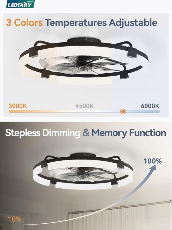 windphoto 24" Ceiling Fans with Lights, Low Profile Fandelier for Bedroom | Flush Mount Fan Light, Stepless Dimmable, App/Remote Control, 3 CCT Led, 6 Speeds, Quiet Reversible DC Motor, Black